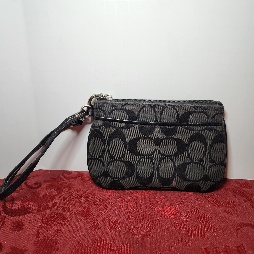 Coach Black Canvas Signature Logo Wristlet Clutch Wallet SEE ALL PHOTOS